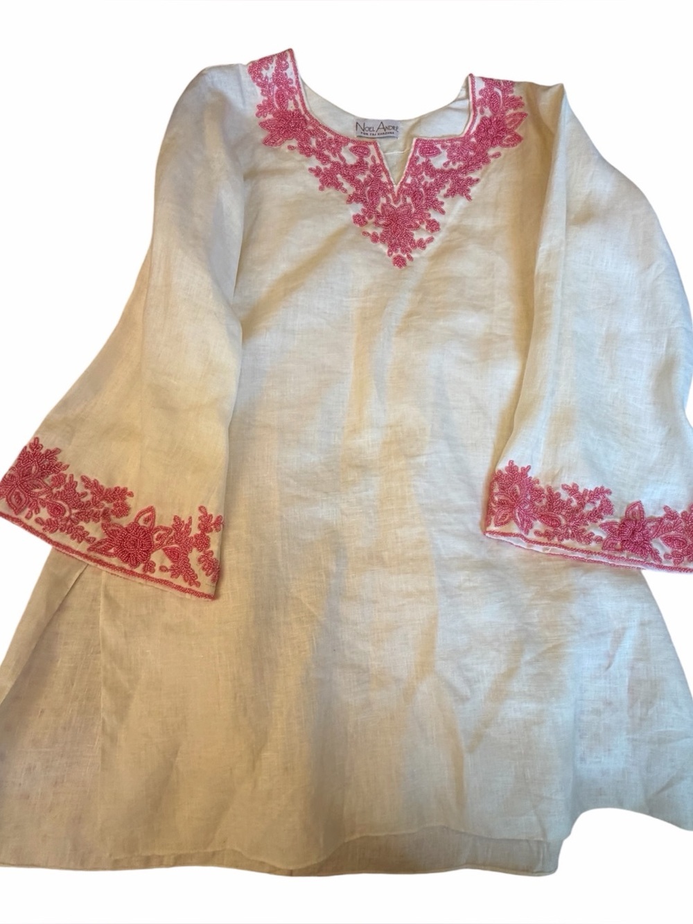 Noel Andre for Taj Khazana white linen tunic/ pink beaded floral embroidery.